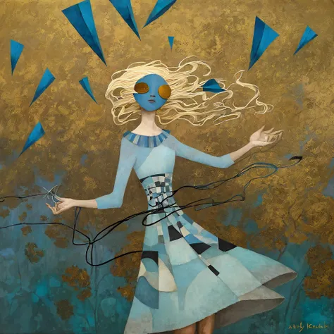 oil and acrylic painting. In the style of Dave McKean, Klimt, Andy Kehoe . a blond girl in a light blue dress is barely holding the strings of her kites, shaped like eye-masks moved by a very strong wind.
