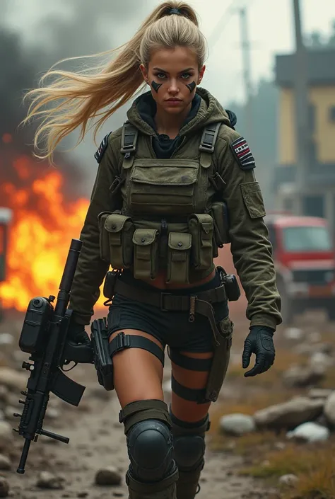 1 girl, , ponytail, helmet of goals, маскировочные полоски на щеках black , big lips , evil look, dressed in protective uniform , body armor , rough boots , black , machine gun in hand , big breasts, slim, dark , an ambulance is 