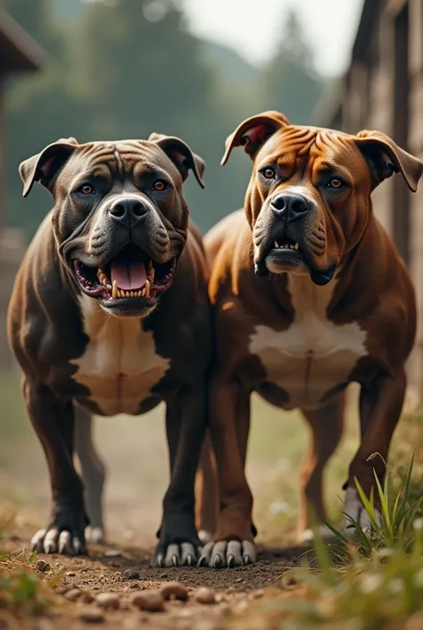 imagine on the farm, two Pitbulls very angry about something,