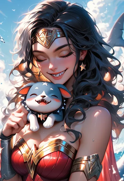 deus ex style, wonder woman hugs cute little pet shark, shark have dog-like paws instead of fins and cute muzzle with wide smile and sharp teeth, wonder woman smiles softly and her eyes closed, 