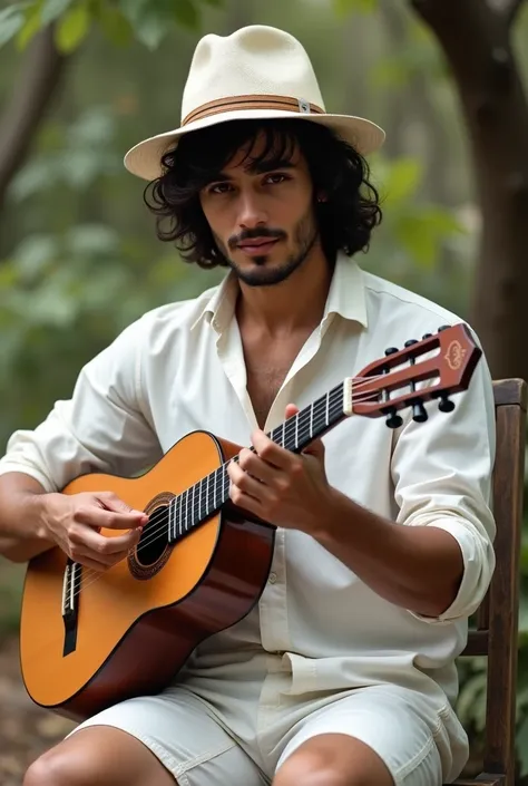 A dark-haired man in a white blouse and shorts and a white Panama hat holding a cavaquinho 