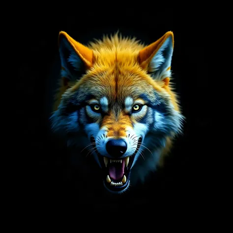 a wolf, photography ultra realistic, angry, ((full head wolf)), ((minimalist)), ((blue and yellow wolf)), front view, (black background), wolf coming from the darkness
