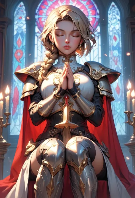 deus ex style, distant shot of paladin woman in ornate armor and red cape praying on her knees, closed eyes, ornate silver armor...