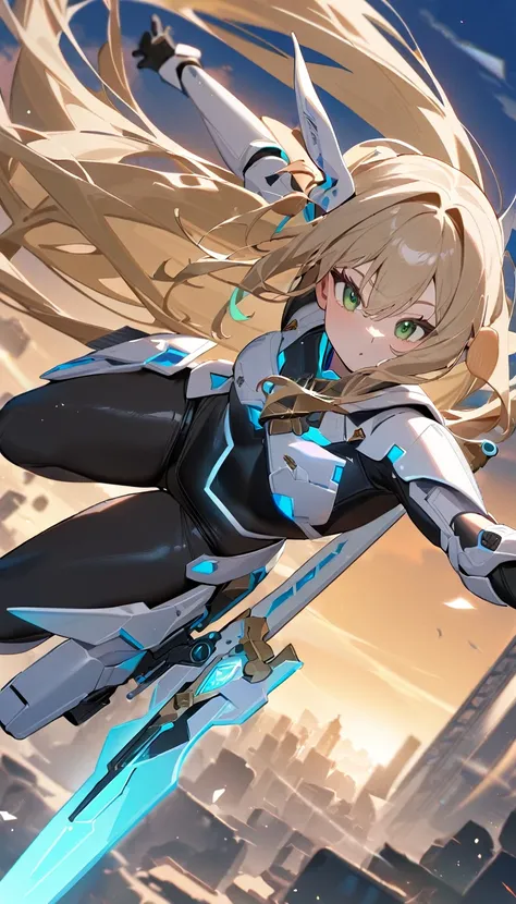 1girl,original, solo,black bodysuit,white armor,mechanical sword,blue glowing outline,blonde long hair,green eyes,flying sky,ver...