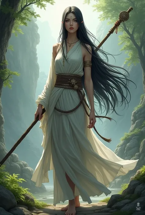 Female RPG character Long black hair Monk Wielding a staff Slender body