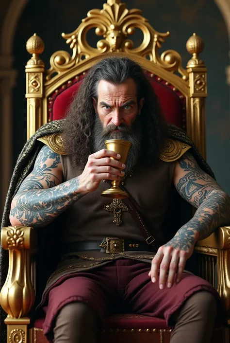 Old tattooed Scottish king sitting on his golden throne with a cup of drink, has a crown and long, curly hair, blue eyes , modern scottish royal clothes 