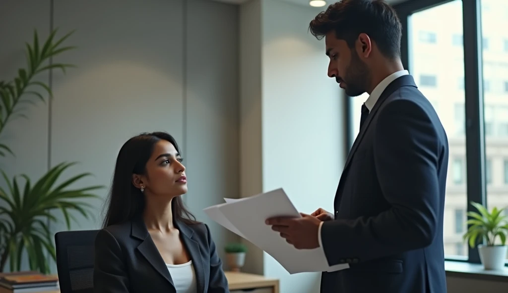 A young Indian man hold to the file and stand in office and man front face to face a indian young beautiful woman sit on chair in office real and hd