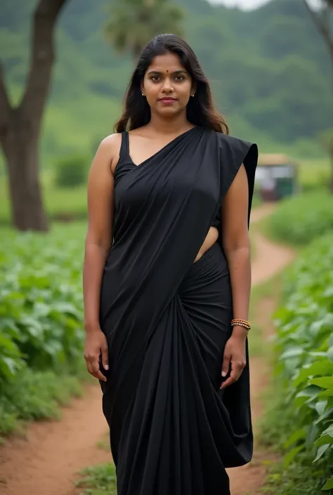 Kerala female young curvy shsped aged 28 outdoor photo wearing plain sleeveless black saree in wayanad kerala. Realistic photo.front photo Showing hip