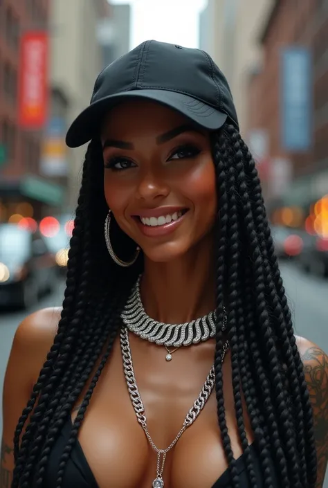 realistic, swag, Latina light skin, black braided hair, SnapBack, tattoos, Diamond stone chain, New York, money, smrik, smile ,highlights, ambient light, tomboy, short nails