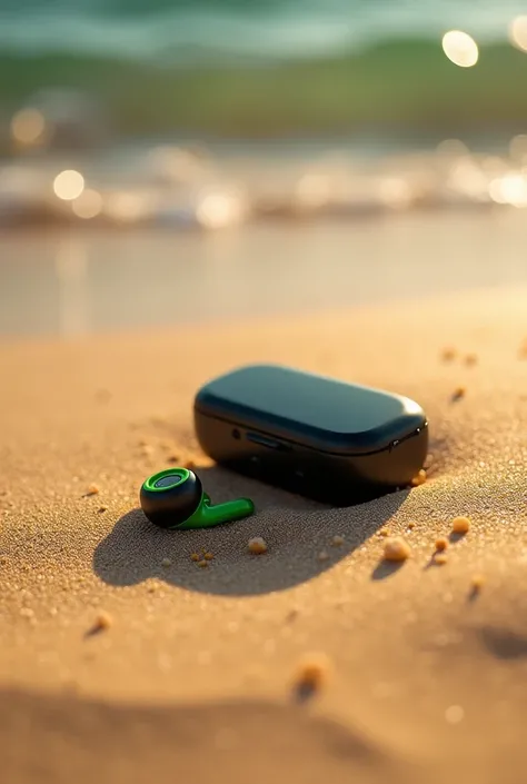 Ear bud in sand  in green and black colour
