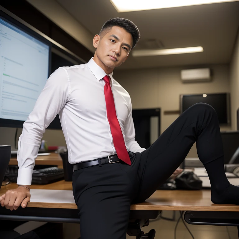 60 year old father,One Man、Black Shirt、Red tie、black slim pants、Dhaka - Fighters、In-house。Sit at a desk、Businessman President,Muscular、Buzz cut、Very short perm、Asian Face　Stubble、Gay、The crotch area of your trousers is bulging　Black socks　Facing forward