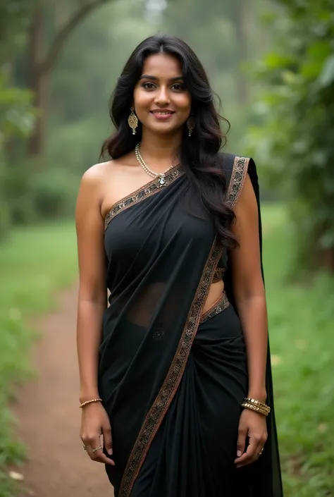 Kerala female young curvy shsped aged 28 outdoor photo wearing partywear sleeveless black saree in wayanad kerala. Realistic photo.front photo Showing hip