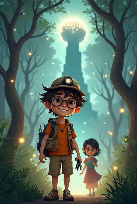 Enchanted forest with muscle-shaped trees. A  boy appeared, brown hair, short and messy, orange t-shirt, vest with many pockets, with pens in pocket and notebook, explorer hat with a small flashlight attached, contagious smile, brown eyes are big and brigh...