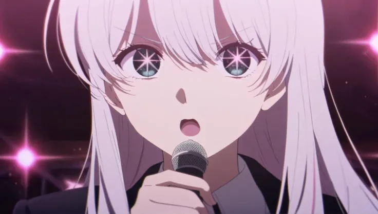 oshi no ko, anime screensnap, portrait
Solo, 1 boy, idol, singing, star-shaped pupils, white hair, black eyes, full body, big white shirt, black sleeves, black corset, high pants, black boots, teenager, 