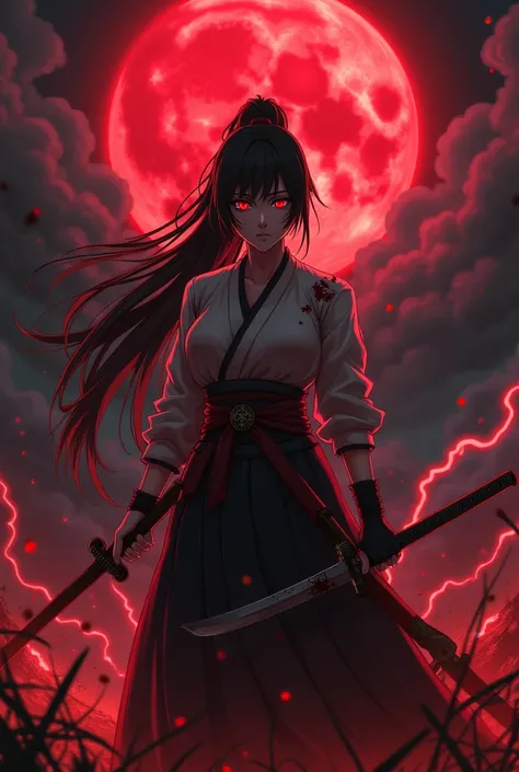 Black, red and blood-stained, female, commander, which is surrounded by black flames, long Japanese ponytail, red eyes and a grim expression on her face stands in a blood moon night, with drawn, blood-stained katana, which is in the right hand, and pointin...