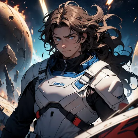 A Man,very short and disheveled hair, dark brown wavy hair,colored eyes, dark brown,using,large astronaut helmet,using um sobre tudo cibernético de cor amalo e preto, behind him, Chaos and destruction 