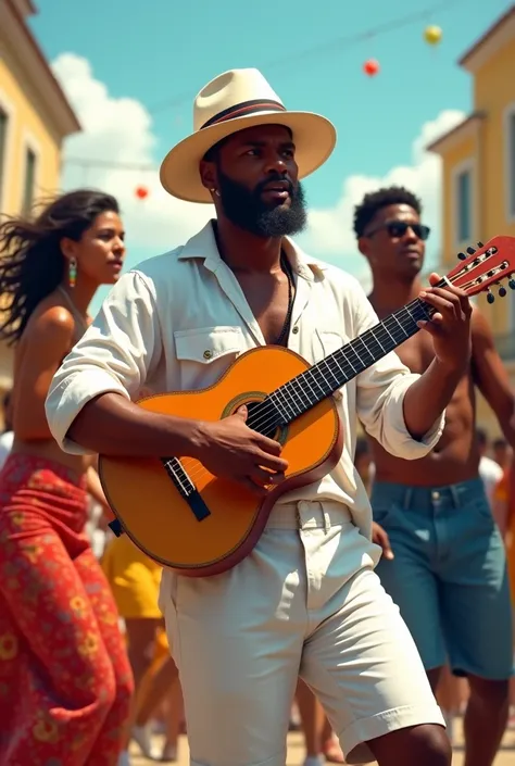 A black man in a samba circle wearing a white blouse and shorts and a white Panama hat holding a cavaquinho 