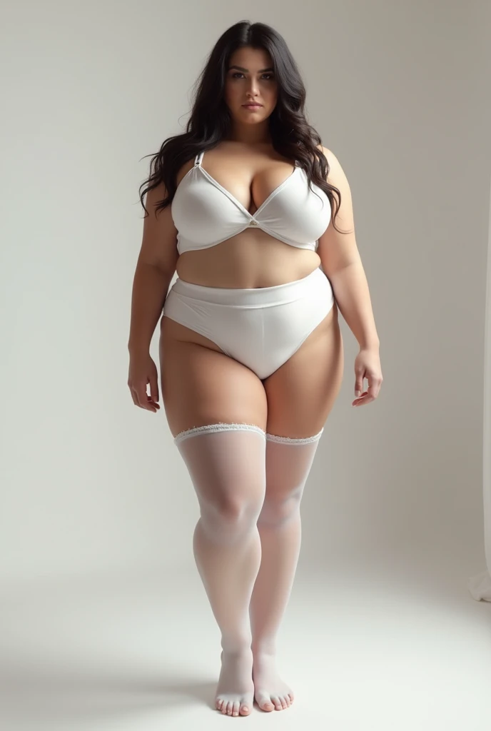 Woman standing wearing a white top with a white pantyhose and only panties big legs and big breasts