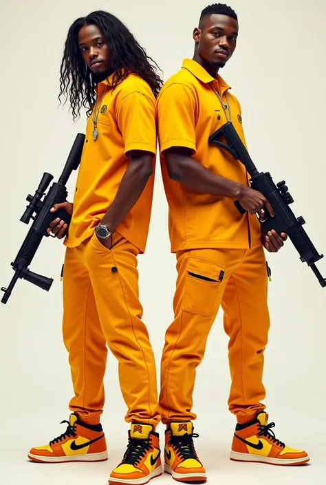 A photo of two friends going somewhere with their arms around each other from behind and both are wearing similar clothes, saffron shirt, saffron pants, Air Jordan shoes and a gun in their hand and one boy has long hair and the other has short hair
Content...