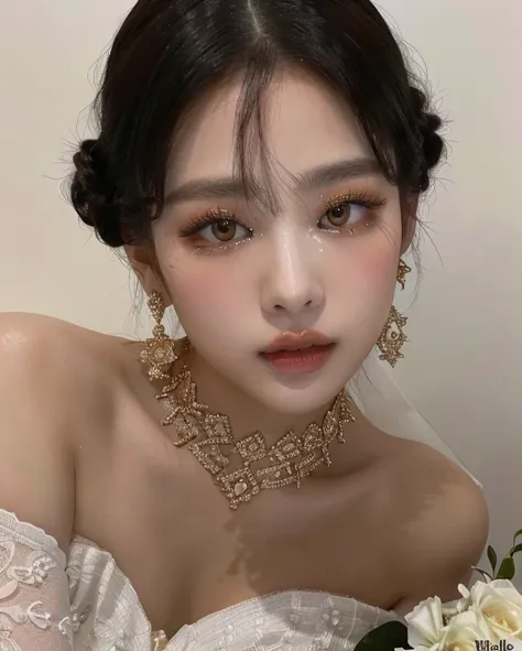 araffed woman with a white dress and a necklace and earrings and golden eyes, sexy face with full makeup, forehead jewelry, lalisa manobal, inspired by Louis Le Nain, intricate makeup, heavy makeup, bella poarch, inspired by Hedi Xandt, xision wu, asian fa...