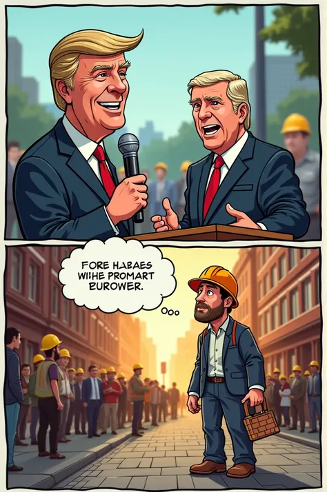 Create a cartoon in Portuguese with two images to represent this scene in a clear and expressive way.

I&#39;m going to make an illustration with two parts:

- In the first, a mayoral candidate is speaking in a public square or on a platform, with a wide s...