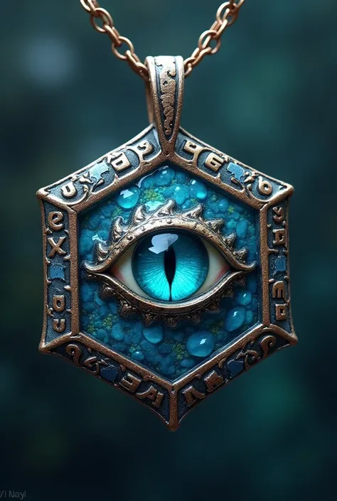 an amulet that is in shape of a hexagon and has a blue, horizontal pupil, sea creature type eye in the center