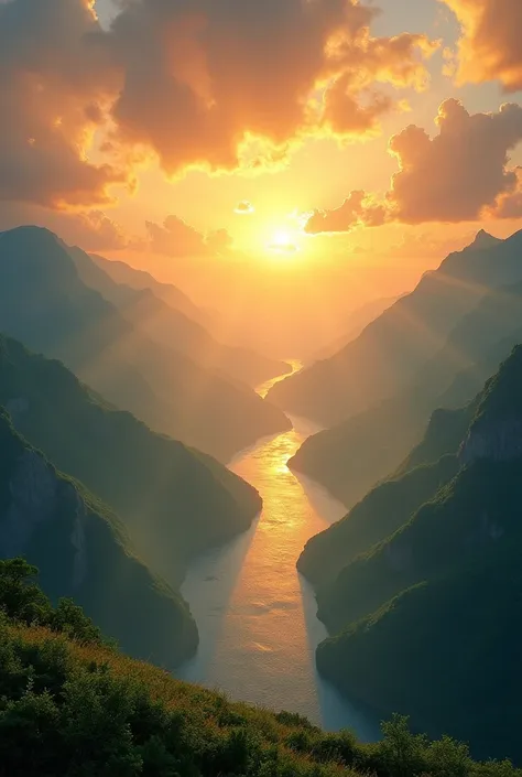 A majestic sunrise lights up the sky with golden and orange hues, as rays of light pierce through soft, ethereal clouds. The horizon reveals a vast landscape of mountains and lush green hills, with a serene river reflecting the golden glow of the rising su...