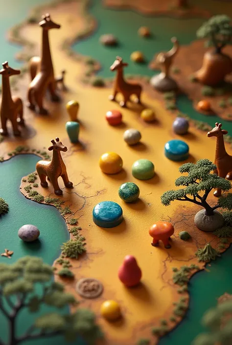 Toy Description: A map in the shape of an African savannah, decorated with drawings of animals and landscapes. The game pieces include small objects that must be found on the map. (Precious stones, exotic fruits, etc.). Giraffes are present on the map bord...