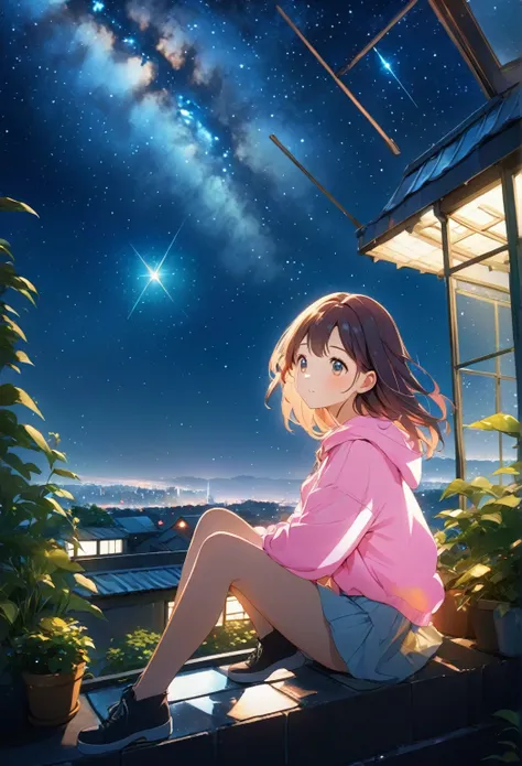 anime girl sitting on a ledge looking at the stars, anime style 4 k, night under the starry sky, starry sky!!, lofi girl, star(sky) starry_sky, makoto shinkai!, girl sitting on a rooftop, makoto shinkai style, beautiful anime, makoto shinkai art style, ani...