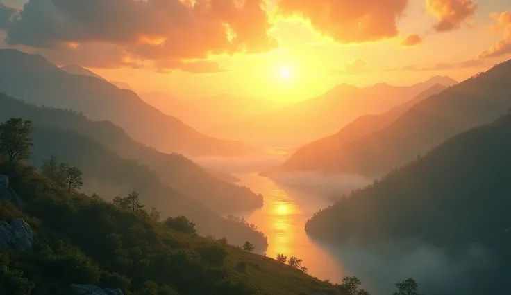 A majestic sunrise lights up the sky with golden and orange hues, as rays of light pierce through soft, ethereal clouds. The horizon reveals a vast landscape of mountains and lush green hills, with a serene river reflecting the golden glow of the rising su...