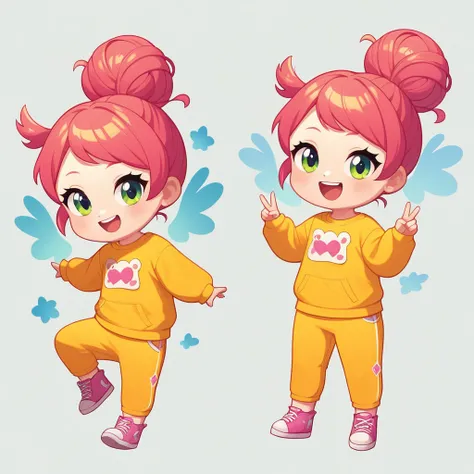 flat wind，vector，Childish art cartoon，Oil pastel graffiti，A cute Chinese chibi girl in green with yellow pants, in the style of cartoon, white background,cute and dreamy, Kawaii illustration, in the style of Korean hairstyle with a hair bun on her head, ha...