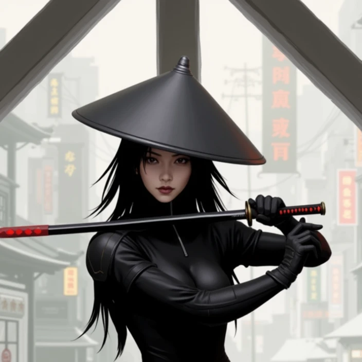  Girl wearing a tactical catsui, professional assassin armed even with a katana, in turn with characteristic Asian clothing.