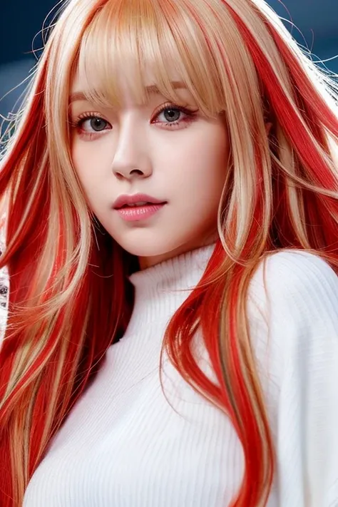 koran girl with red hair and blonde highlights blonde highlights in hair, pretty for being a kpop idol, red hair with blonde highlights, adult