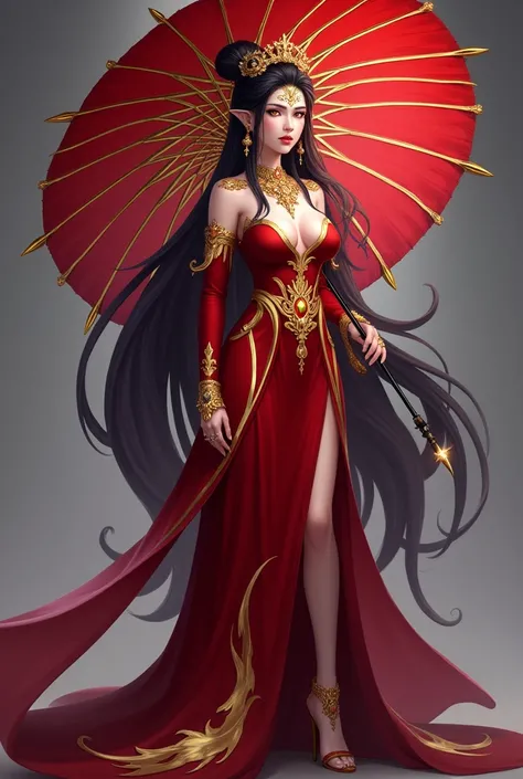 Make a cool Kagura mobile legends skin 

Make her stand up full body holding her umbrella Beautiful gold tattoos on the face around her forehead and lining her eyes area. yellow eyes, long very long hair, golden necklace, red gowny princess dress (fully cl...