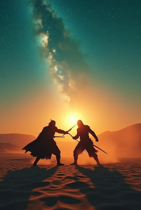 Sun is rising from east silhouette two warriors fight in the middle of desert dune ultra HD extreme realistic extreme HDR IMAX 3D real ultra cinematic mastery masterpiece teal orange clear sky Milky way stars 
 Extreme Silhouette 
