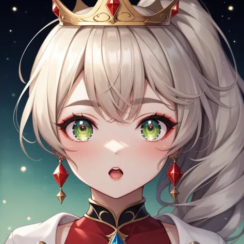 (Highest quality, masterpiece:1.2), High resolution, Very detailed, Realistic:1.37, Fantasy, An illustration, Green Eyes、Queen, Red dress.Platinum decoration、beautifully、Eyeshadow Red、Thick eyebrows、Long eyelashes、pupils are black、Her hair is light green、G...