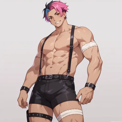 score_9, score_8_up, score_7_up, rating_explicit, source_anime, man, bicolor, multicolored hair, vibrant colors, stylish, sexy pose, bandage, thigh strap, suspenders, stitches, stitched skin, 