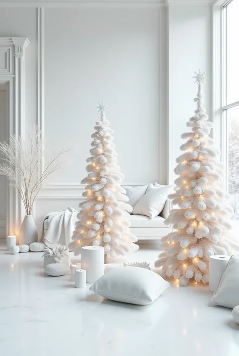 Snowy Christmas trees decorated in white in a white decorated room