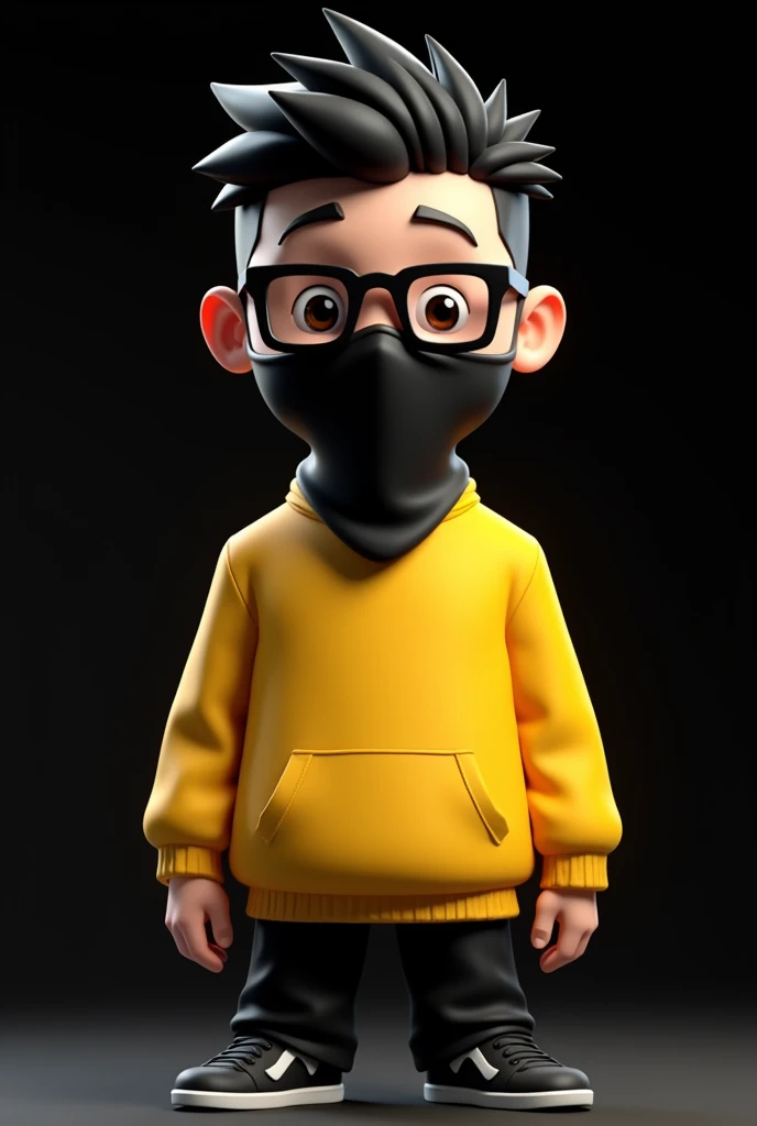 8k, handsome guy with short ((black hair raised up)), short black hair, ((mask handkerchief on mouth black)), yellow sweatshirt, ((sweater, yellow)) glasses, Background: plain black, best quality, cartoon style, 3D, cyberpunk style, GTA 5 style, stands str...