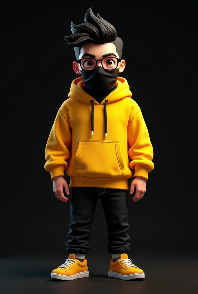 8k, handsome guy with short ((black hair raised up)), short black hair, ((mask handkerchief on mouth black)), yellow sweatshirt, ((sweater, yellow)), ((glasses)), Background: plain black, best quality, cartoon style, 3D, cyberpunk style, GTA 5 style, stand...