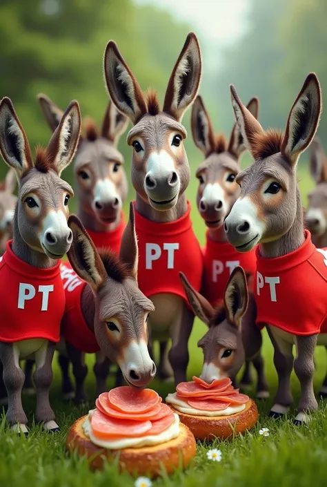 Create an image with several animals, donkeys dressed in red shirt, with the letters PT on his chest and comments on bread sandwiches with mortadella and grass.