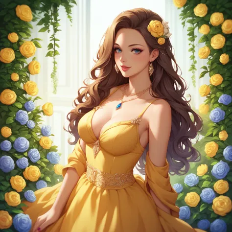 Anime girl with long hair and yellow dress with flowers in her hair Bright colors, beautiful style, high-quality illustrations, elegant drawing, detailed illustration of clothing and facial features.
