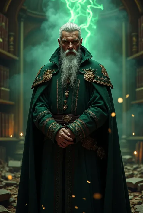 A strict man with Short grey hair, no beard and Green eyes. He wears medieval clothes. Hes a wizard.