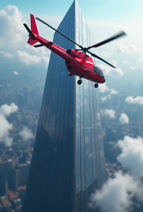 Red helicopter above a big building.