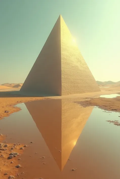 symmetry, Reflection of pyramid in a mirage, high detail, realistic, desert setting, cinematic, mystical vibe, by Simon Stålenhag and Craig Mullins, artstation trend, 4k resolution