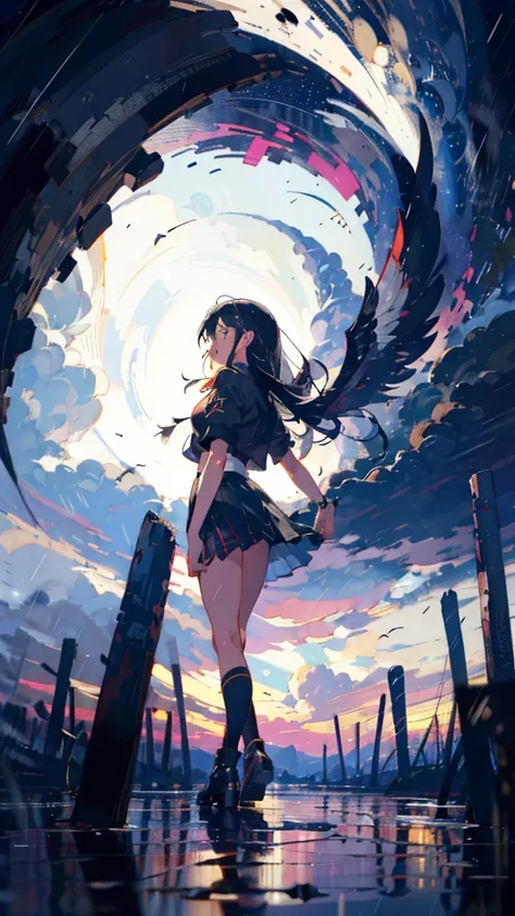 black Angel flying in front of black hole, fly in the sky,rain,night,thunder,Black wings,Female 1,Long black hair,in the sky,真っ黒な羽