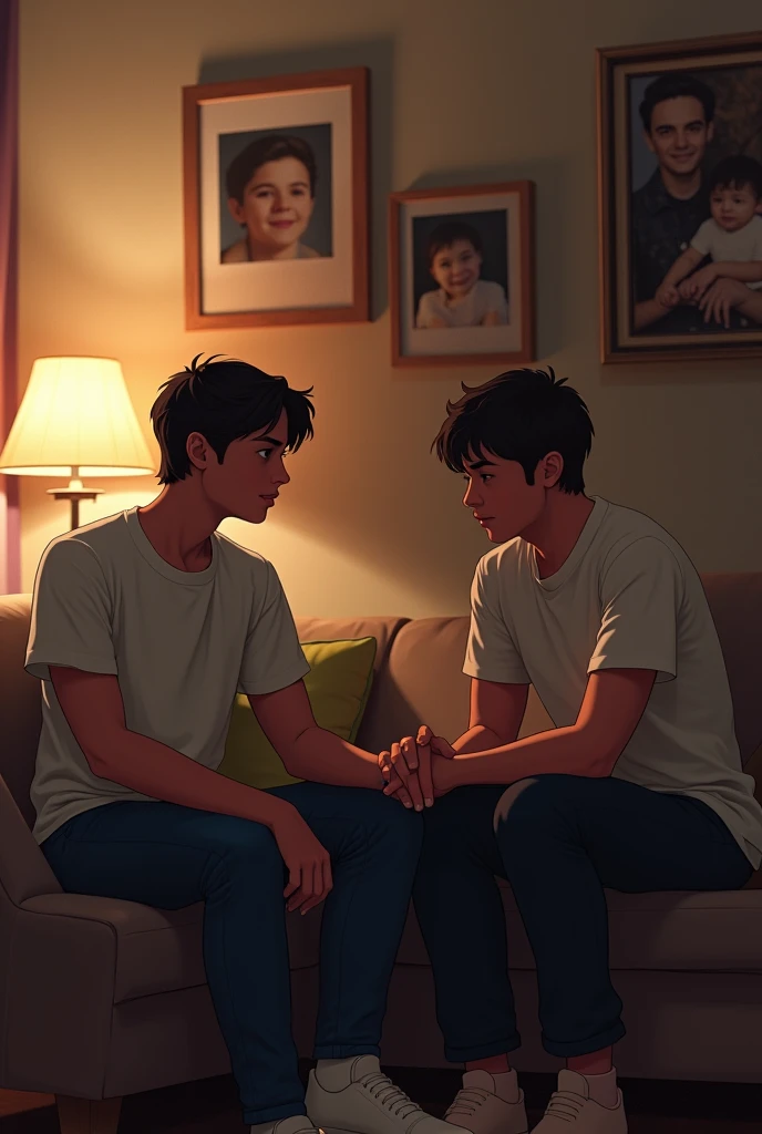  The waiter, now at home, sits on a couch with his younger brother. The living room is cozy, with warm, soft lighting, and family photos on the walls. The young woman’s influence is reflected in the scene, even though she’s not present here. The waiter loo...