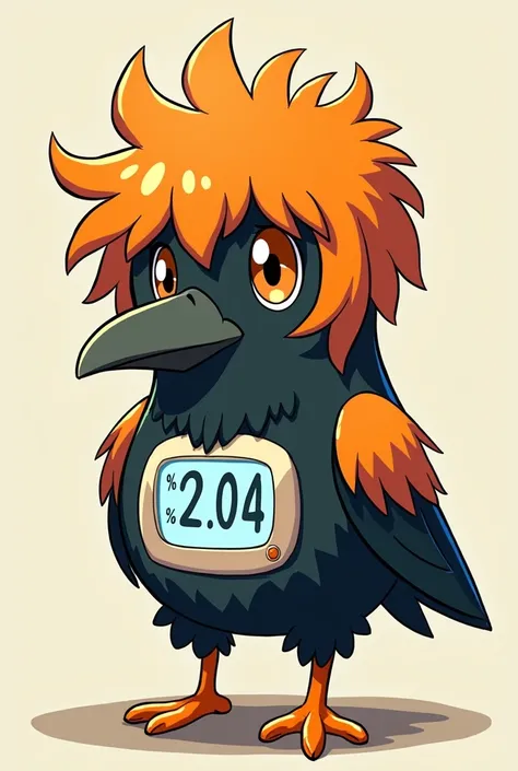 Generate me a character from an anime about volleyball. My character has orange hair in his crow version, but he has a screen on his stomach with numbers. This crow will stick to appliances that use water. This body will have magnets on the back and a spac...