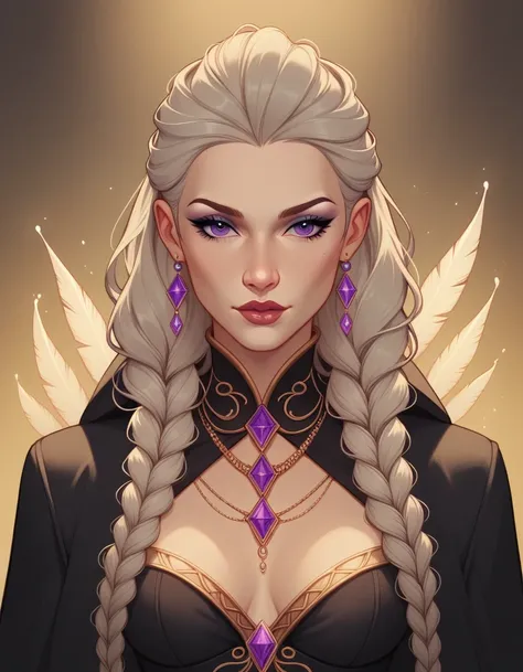 young woman, long silver blonde hair, elegant braids. eyes are a striking ethereal violet, exuding an aura of mystery and magic. pale, porcelain-like skin. elegant, dark violet and black outfit with intricate details, blending noble grace with practicality...