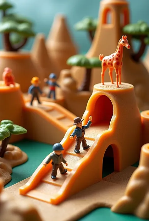 Toy Description: A set of small explorer figures and plastic hills where players must overcome obstacles. Each hill has tunnels and small ramps that the figures can move along.. Giraffes are in the packaging design, but they are not part of the game itself...